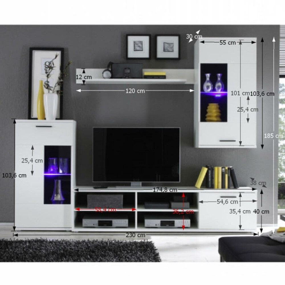 Mobilier de living, cu lumină, alb/sticla clară transparentă, FRONTAL 1