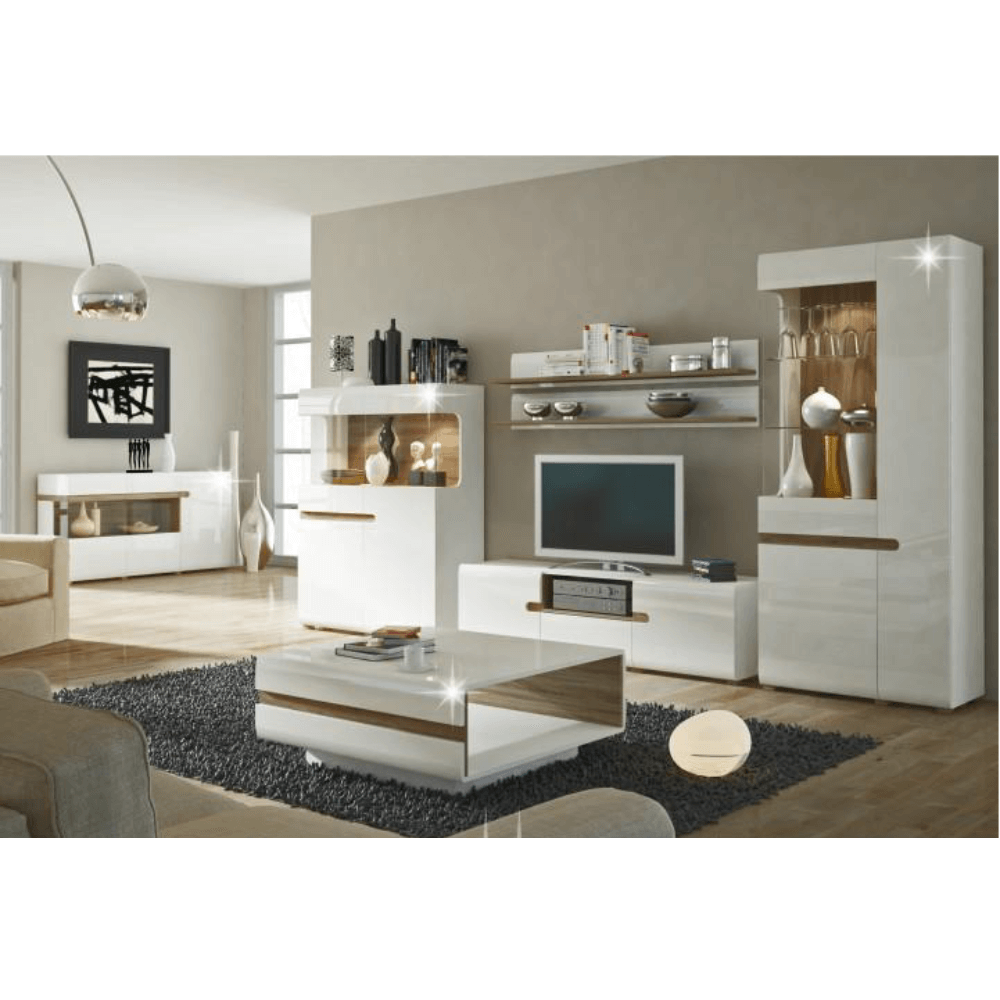 Comodă, albă strălucitoare HG/stejar sonoma închis, LYNATET TYP 42