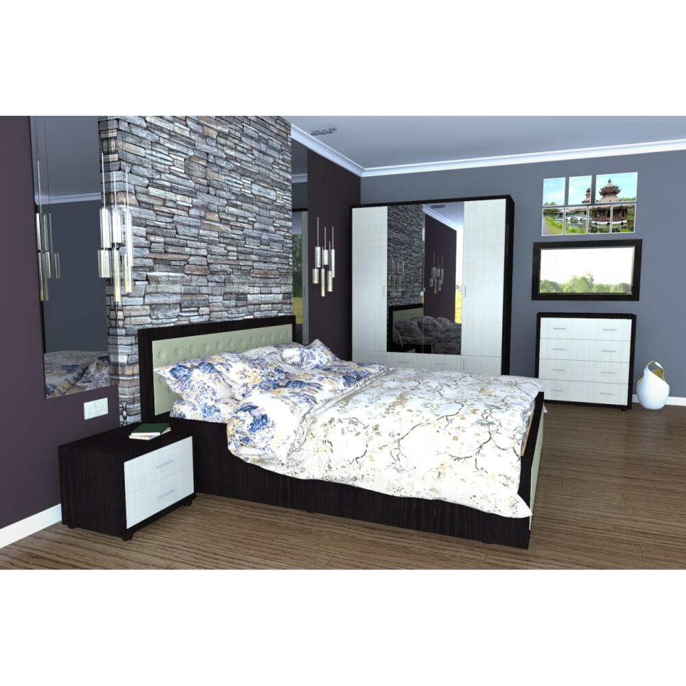 Dormitor Torino cu pat cu somiera metalica rabatabila 160x200 cm wenge / ladin