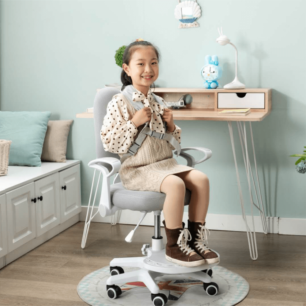 Scaun reglabil cu suport pentru picioare şi curele, gri/alb, ANAIS