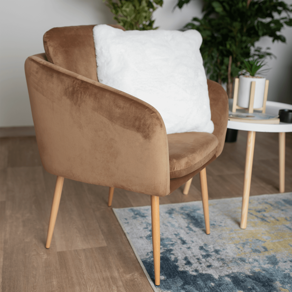 Fotoliu design, ţesătură din catifea maro, AVETA