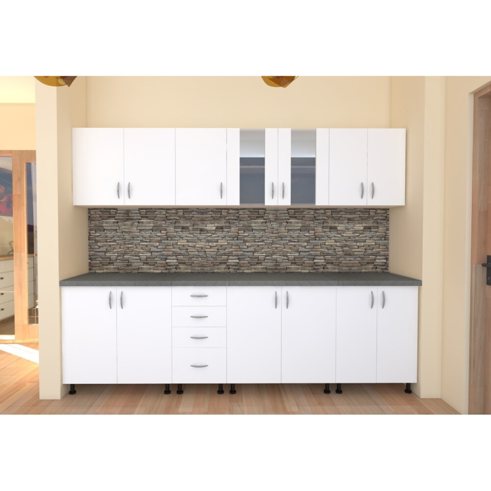 Bucatarie Alfa 2.6 metri PAL alb cu blat Beton