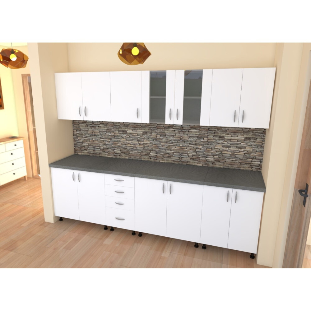 Bucatarie Alfa 2.6 metri PAL alb cu blat Beton