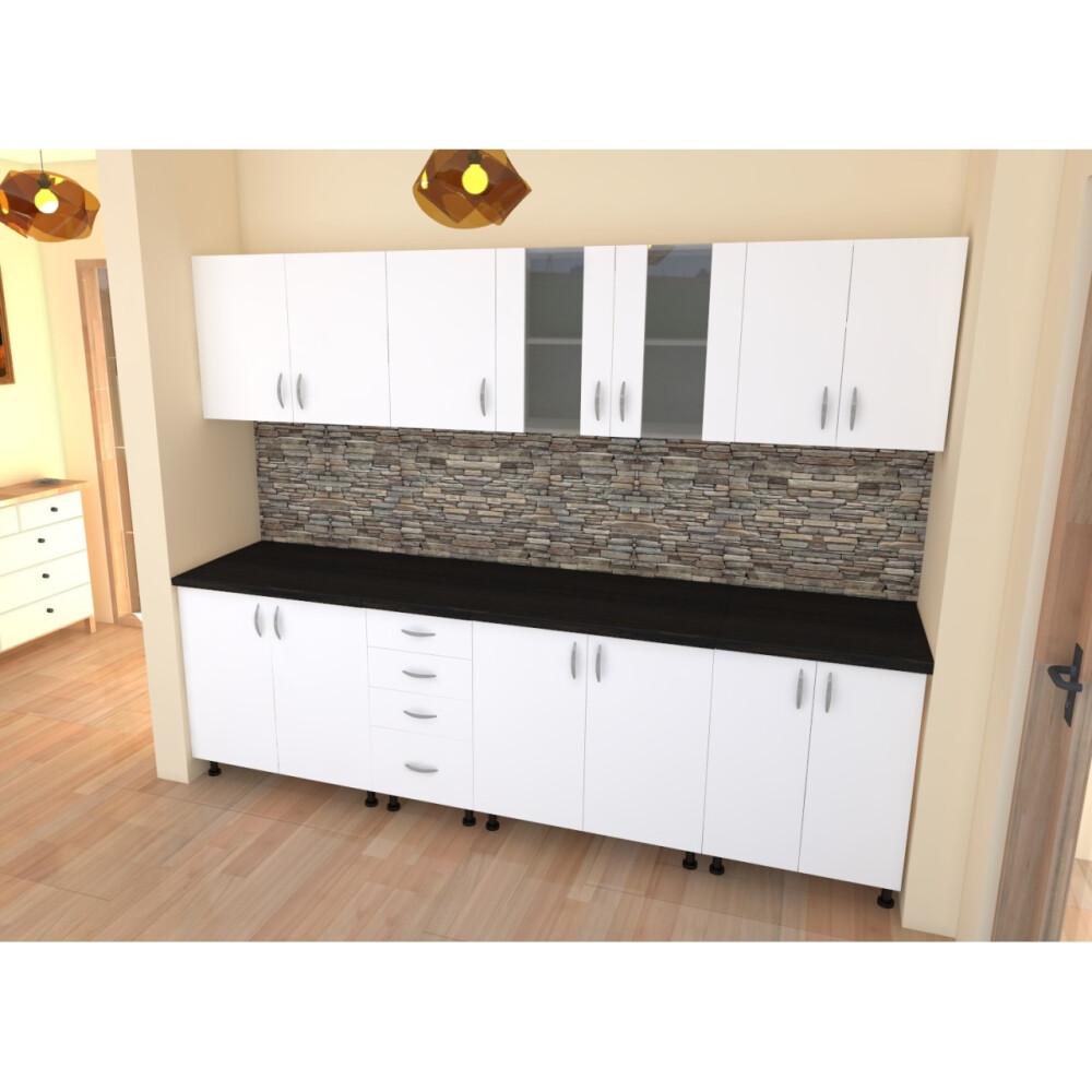 Bucatarie Alfa 2.6 metri PAL alb cu blat Wenge