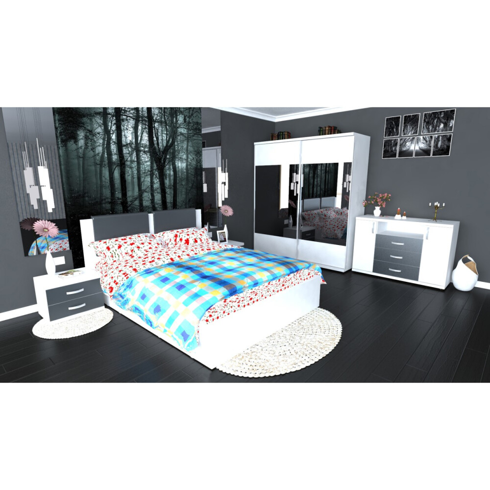 Dormitor Laguna cu pat 160x200 cu lada Alb cu Gri