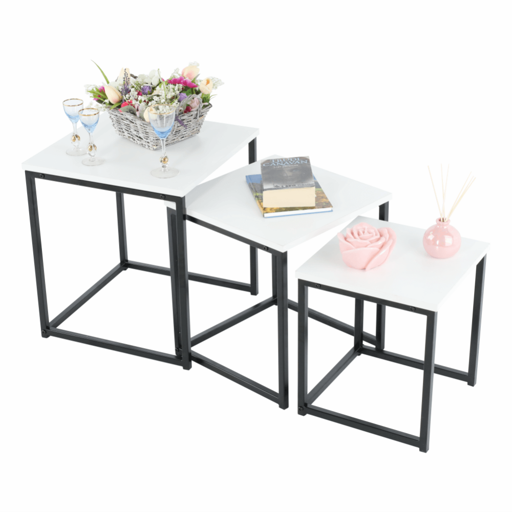 Set 3 măsuţe de cafea, alb mat/negru, KASTLER TYP 3