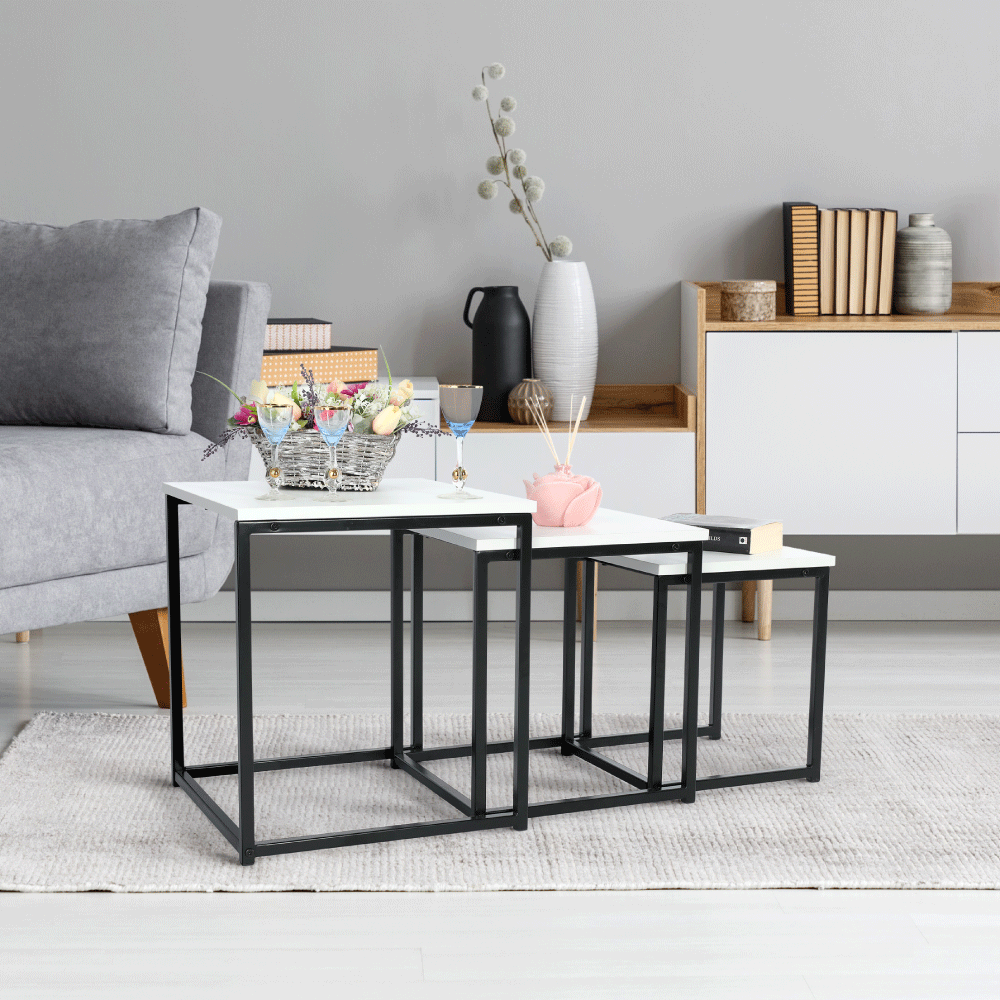 Set 3 măsuţe de cafea, alb mat/negru, KASTLER TYP 3