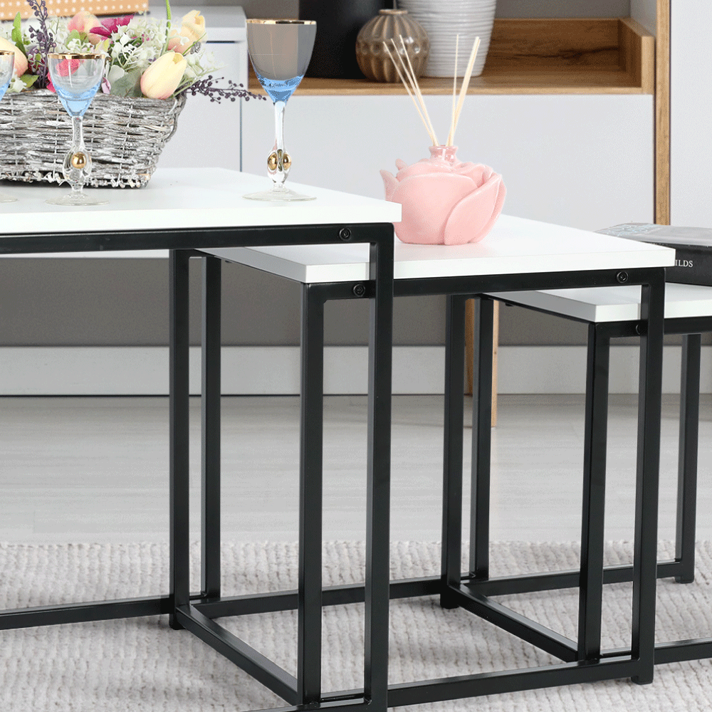 Set 3 măsuţe de cafea, alb mat/negru, KASTLER TYP 3