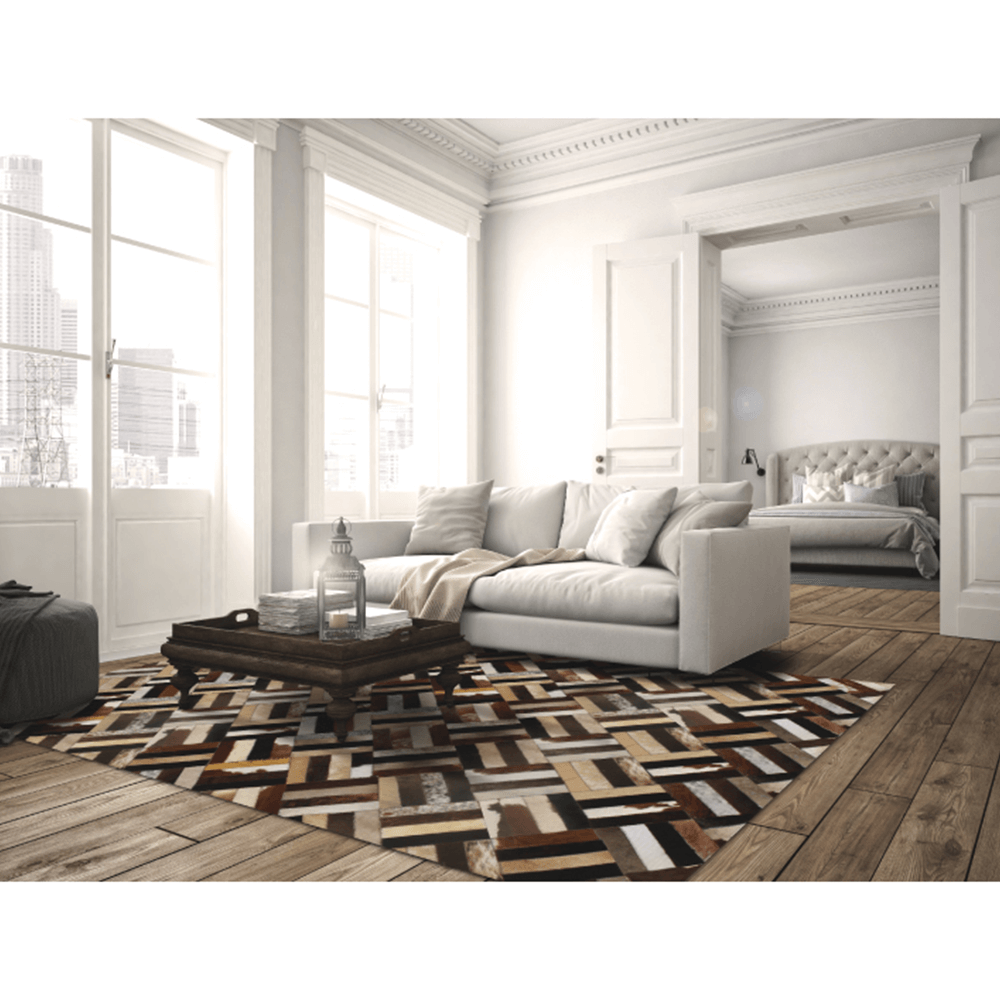 Covor de lux din piele, maro/negru/bej, patchwork, 170x240 , PIELE DE VITĂ TIP 2