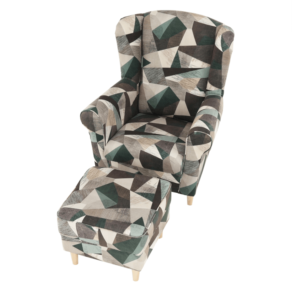 Fotoliu cu taburet, material maro-verde cu model, ASTRID