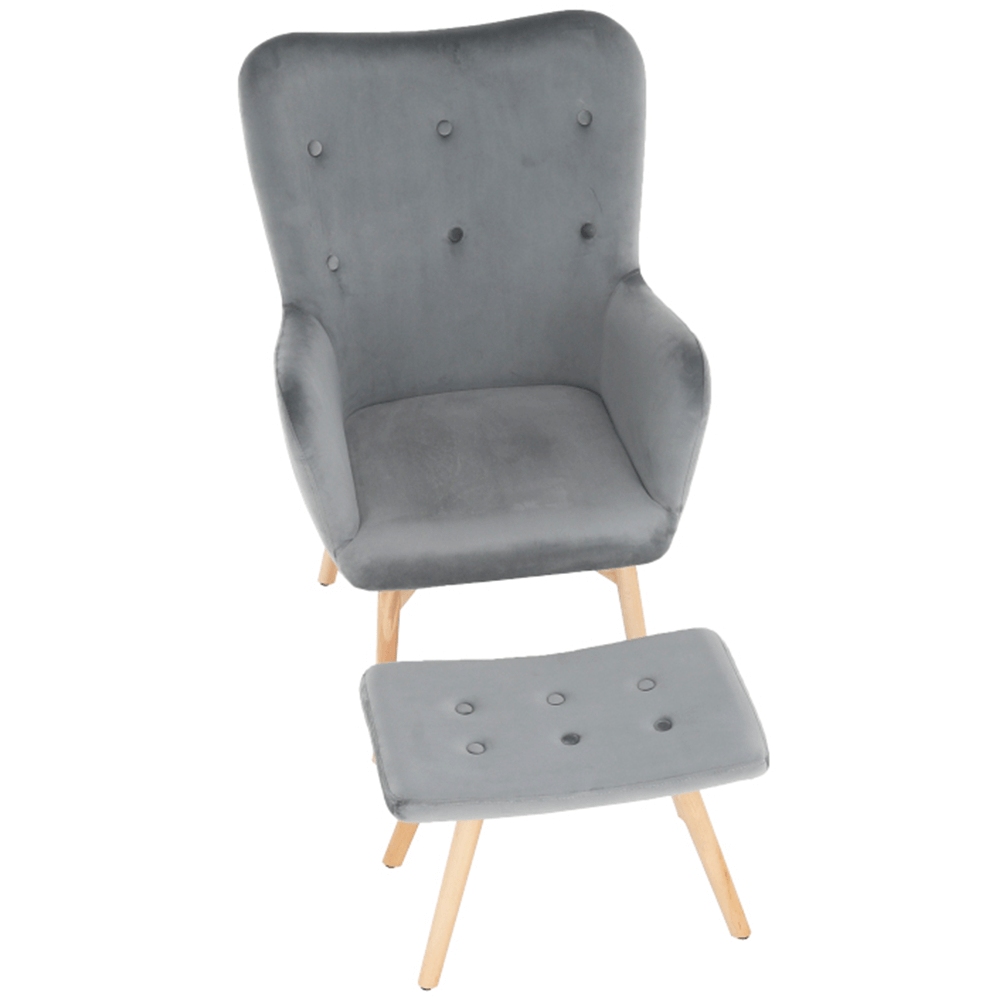 Fotoliu cu taburet, material de catifea gri/fag, LAGER NEW