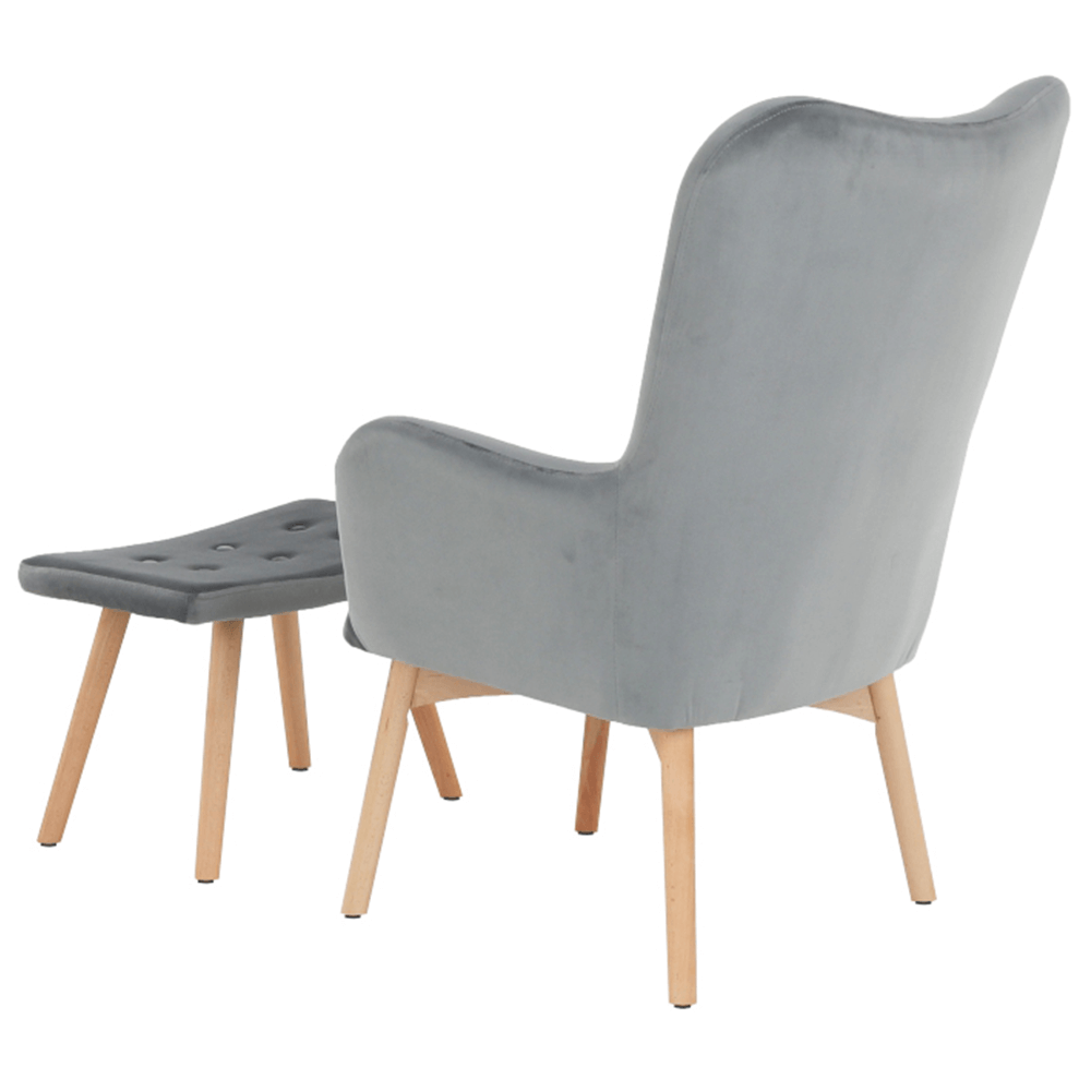 Fotoliu cu taburet, material de catifea gri/fag, LAGER NEW