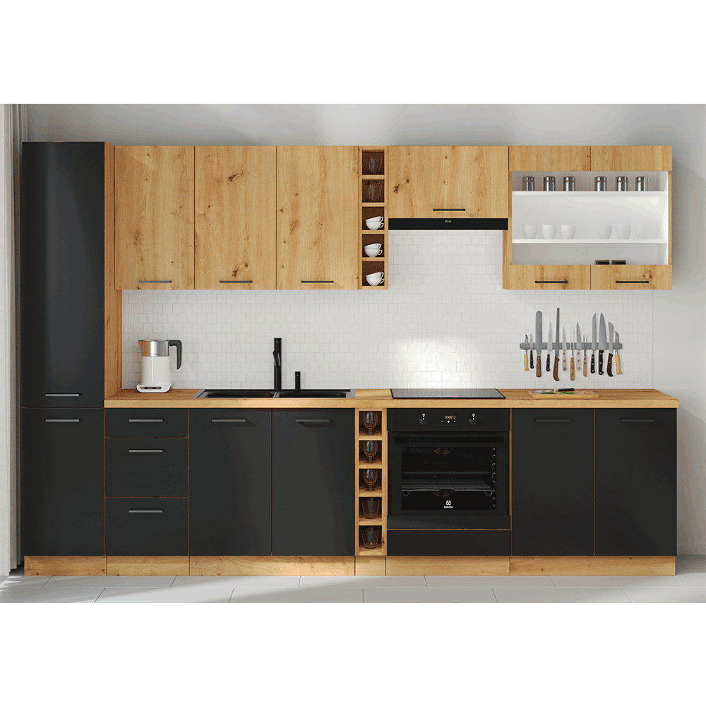Dulap pentru chiuvetă inferior, negru mat / stejar artizan, MONRO 80ZL 2F BB