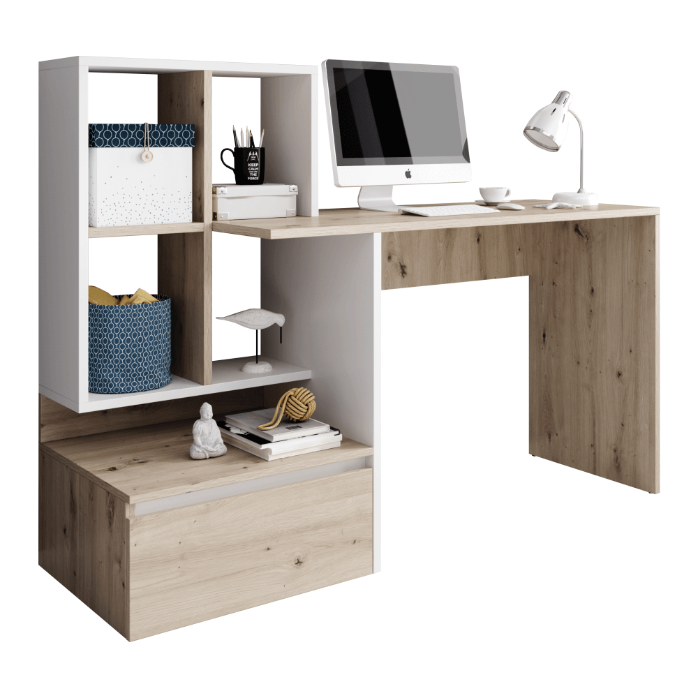 Masă PC, stejar artisan/alb mat, NEREO
