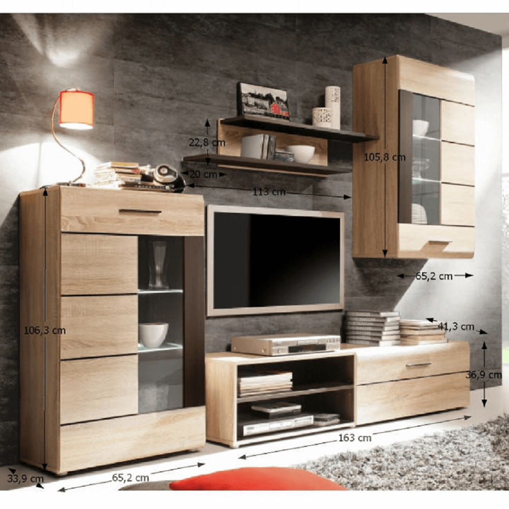 Mobilier de living cu lumină  LED, stejar sonoma/sticlă, PRESLI