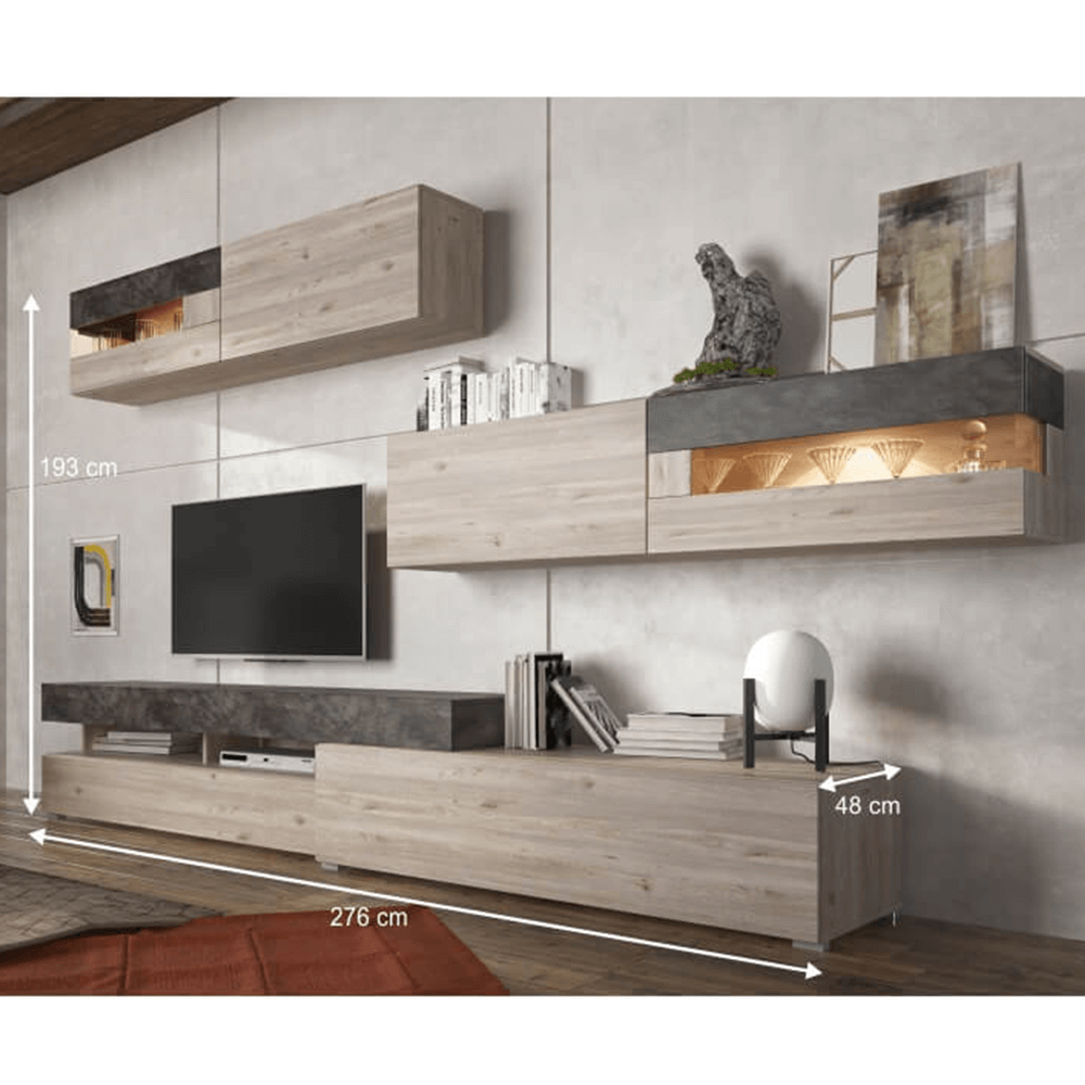 Mobilă de living, pal melaminat, gri/stejar nelson, IOVA