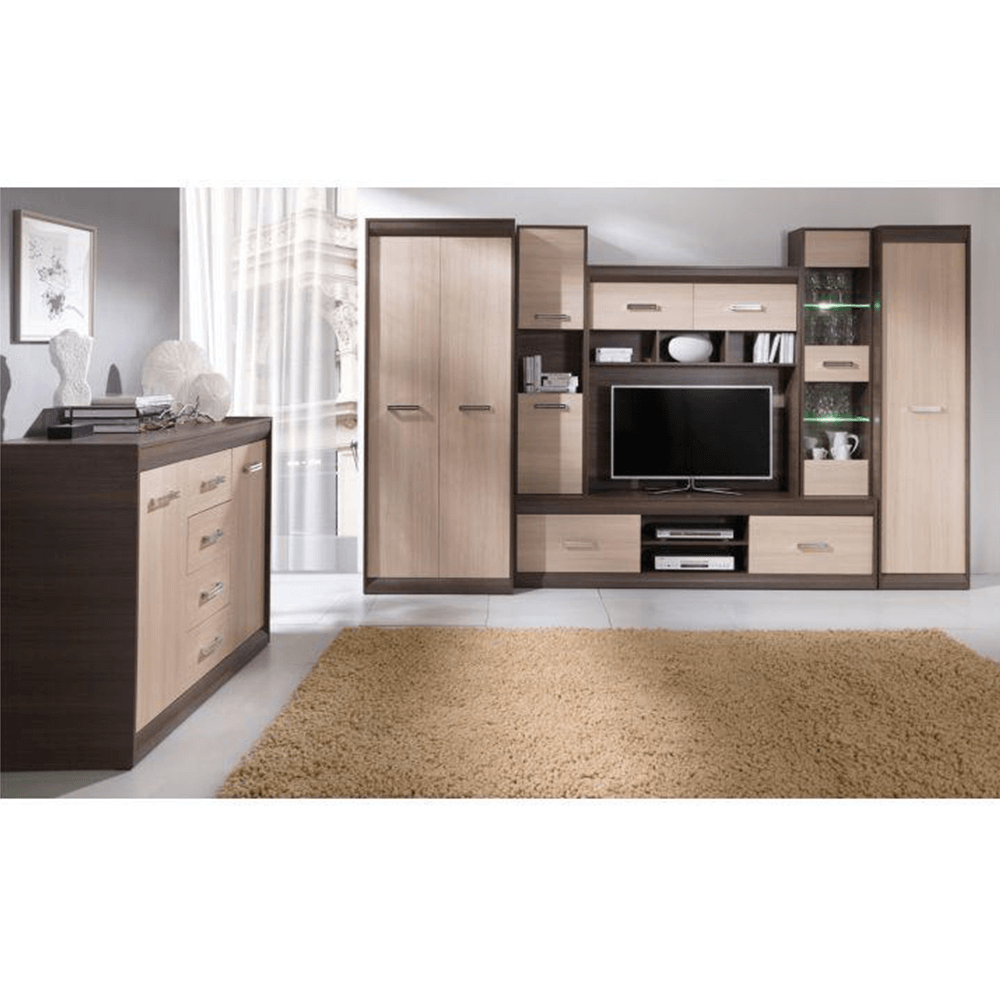 Mobilă de living, PAL/MDF, stejar deschis/stejar închis, KORINA