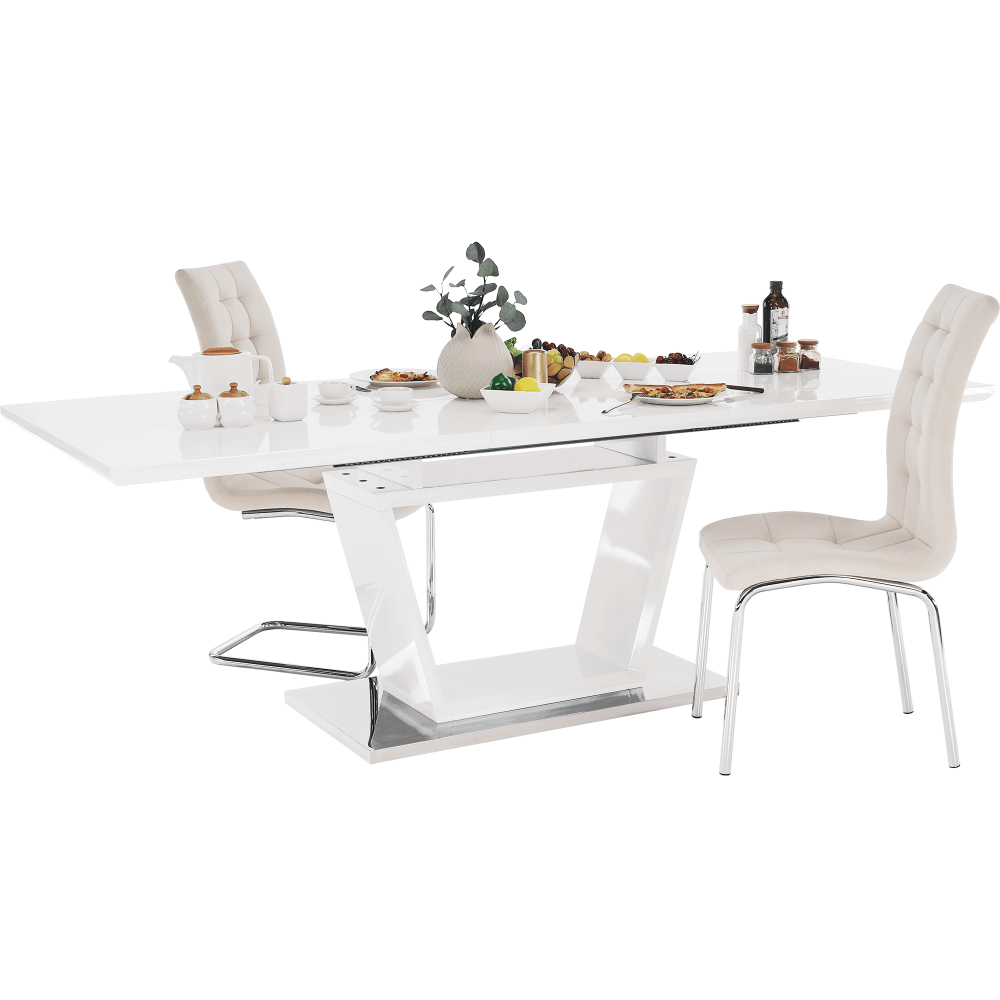 Masă dining, pliabilă, alb luciu extra ridicat / oţel, PERAK
