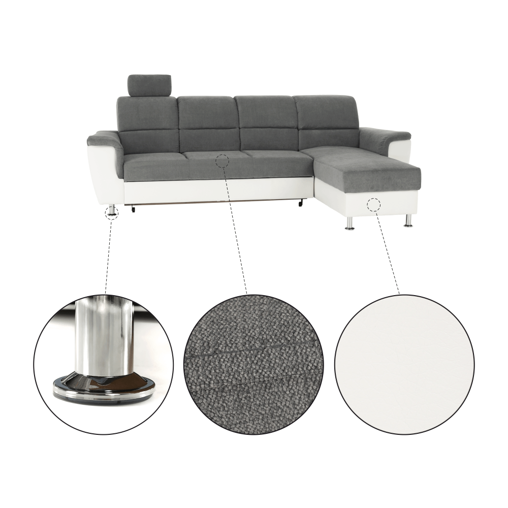 Colţar mic, piele ecologică alb/material textil gri, model dreapta, SANTIAGO COLŢAR MIC