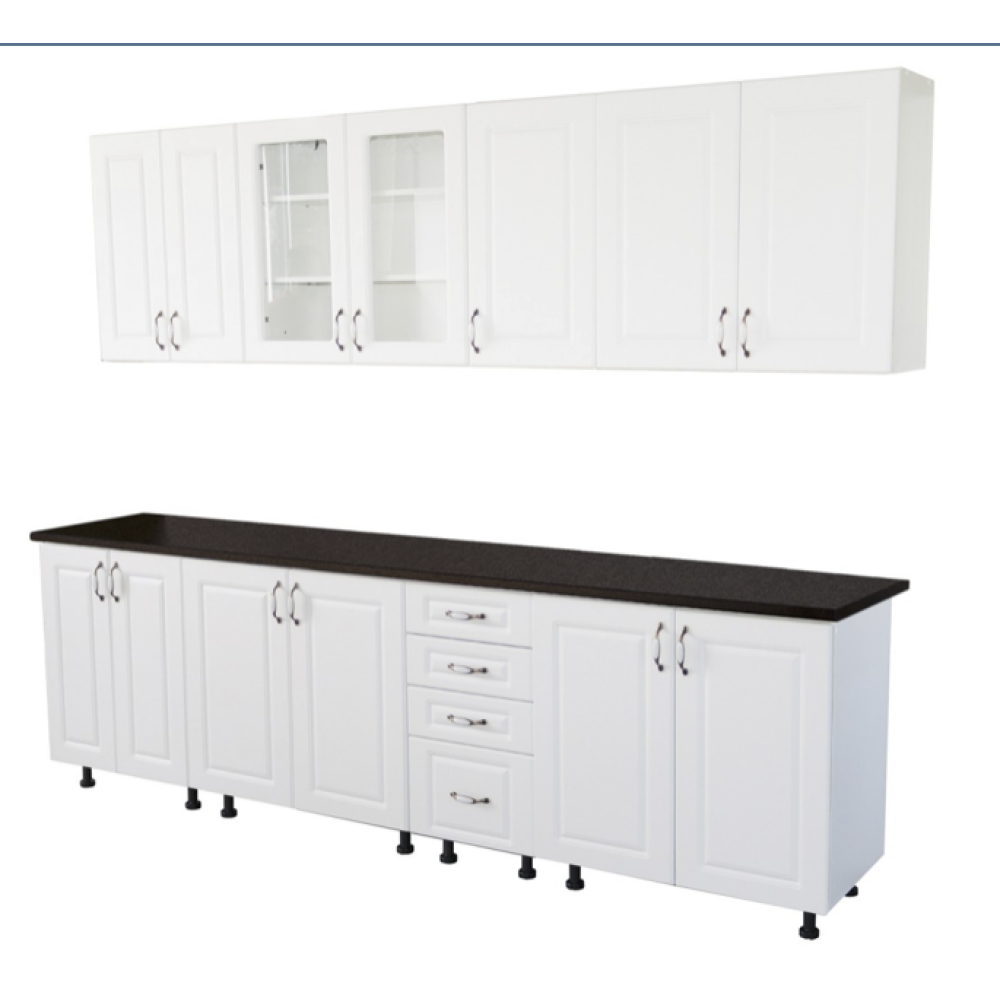 Bucatarie Zebra 260 cm din MDF Alb Mat cu blat termoizolant negru