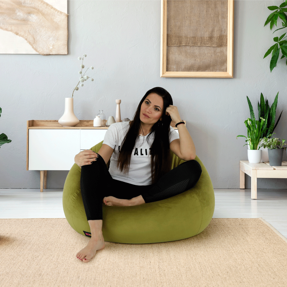Fotoliu tip sac, material textil verde măsliniu, TRIKALO