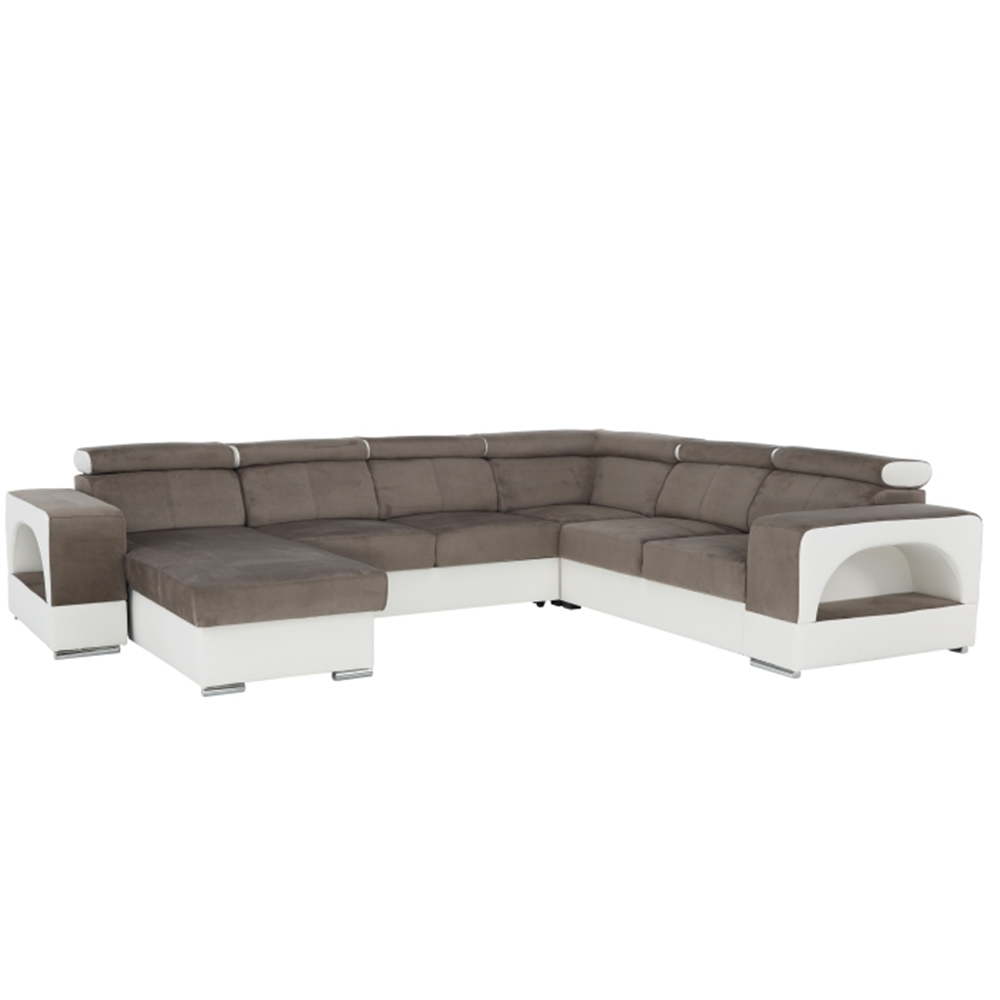 colţar în formă de U, piele ecologică albă/material textil maro, model stânga, KAMELIA