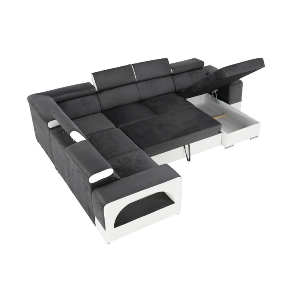 colţar în formă de U, piele ecologică albă/material textil gri, model dreapta, KAMELIA