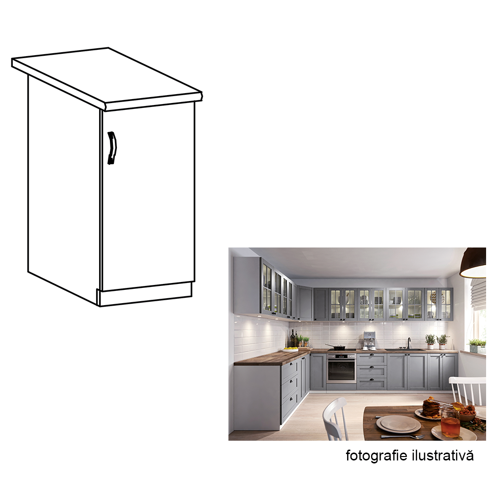 Cabinet inferior, gri mat/alb, model dreapta, LAYLA D40
