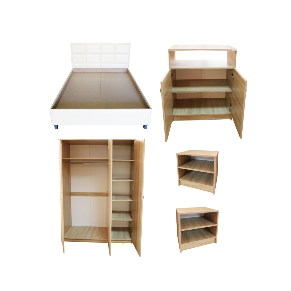 Dormitor Soft Sonoma cu pat tapitat bej pentru saltea 160x200 cm