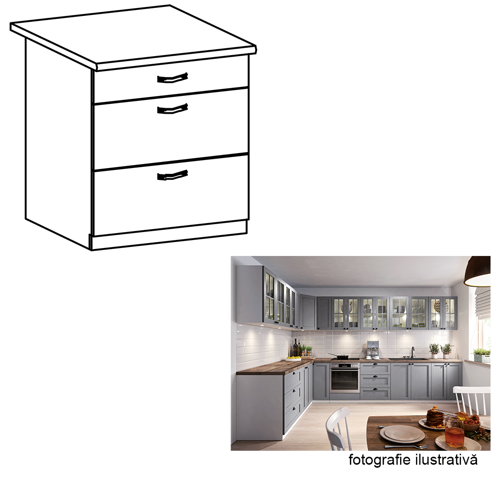Cabinet inferior cu sertare, gri mat/alb, LAYLA D80S3