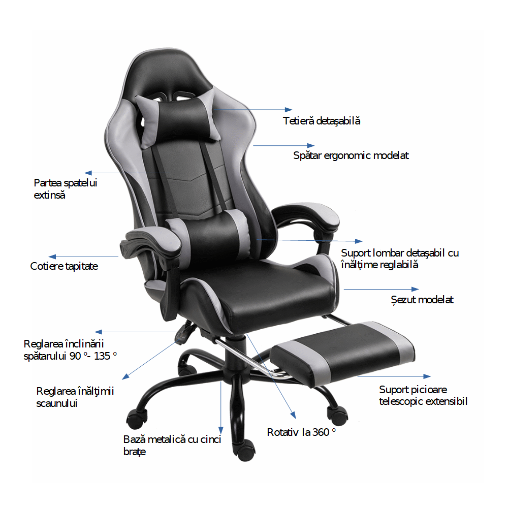 Fotoliu birou/gaming cu suport pentru picioare, negru/gri, TARUN