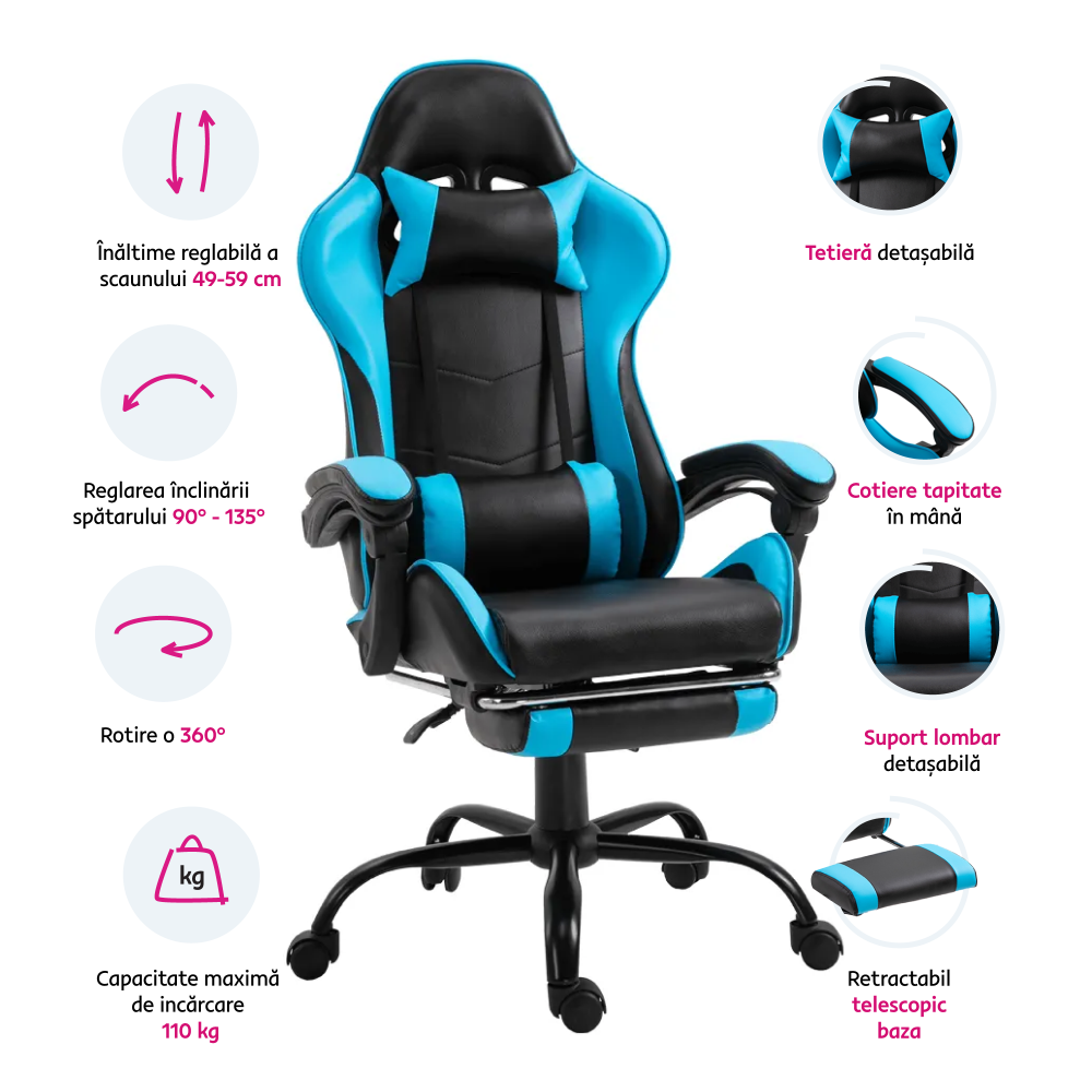 Fotoliu birou/gaming cu suport pentru picioare, negru/albastru, TARUN
