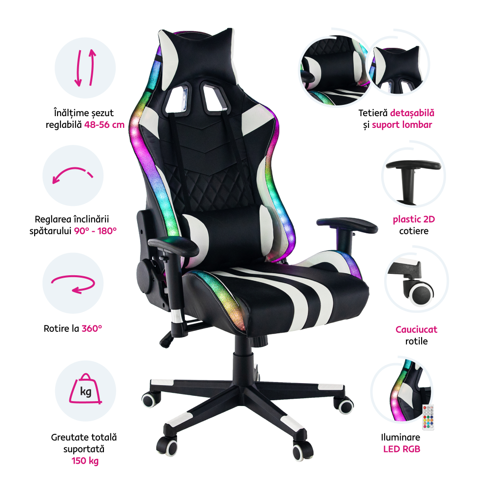 Scaun de birou / joc cu iluminare RGB, model negru / alb / culoare, ZOPA