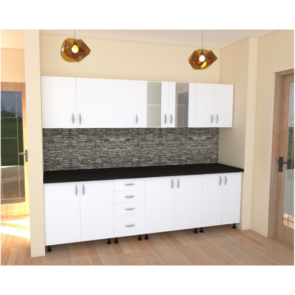 Bucatarie Alfa 2.6 metri PAL alb cu blat Wenge