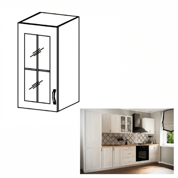 Dulap superior G30S cu geam, model stânga, alb/pin Andersen, SICILIA