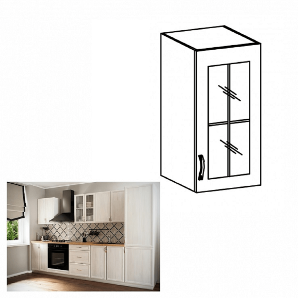 Dulap superior G40S cu geam, model dreapta, alb/pin Andersen, SICILIA