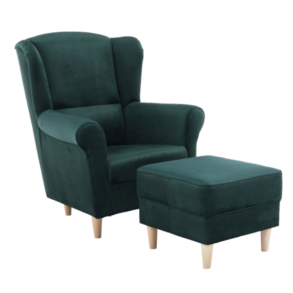 Fotoliu cu taburet, material smarald, ASTRID