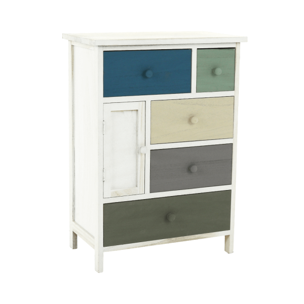 Comodă, albă/sertare colorate, MONET 1 NEW