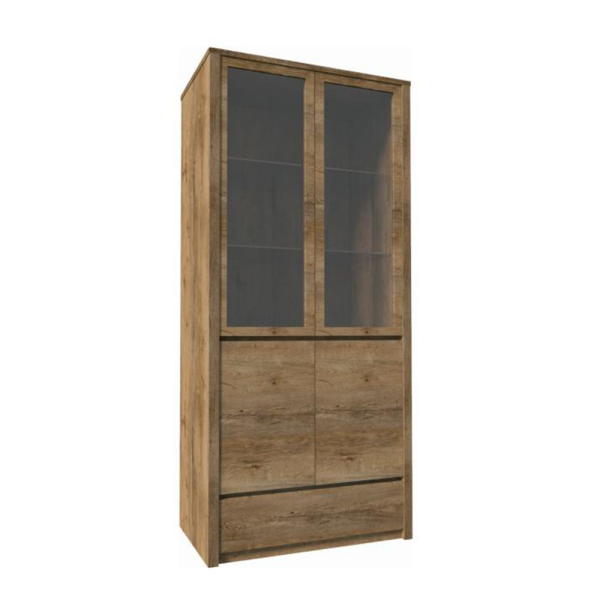 Vitrină cu un sertar şi uşi împărţite pline şi cu sticlă, stejar lefkas închis, MONTANA W2D