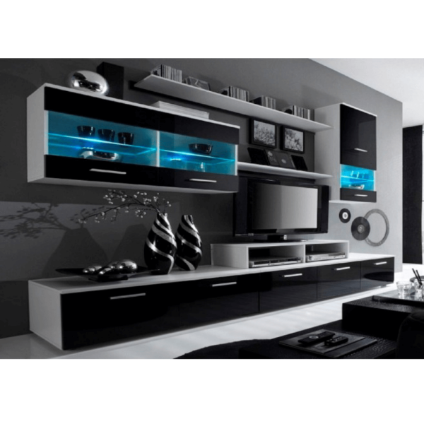 Mobilier living, alb/extra strălucire neagră HG, LEO