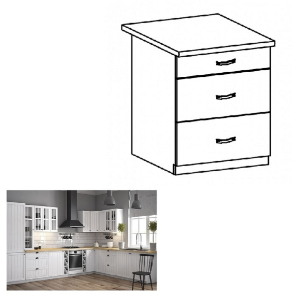 Dulăpior inferior  cu trei sertare D60S3, alb/pin Andersen, PROVENCE