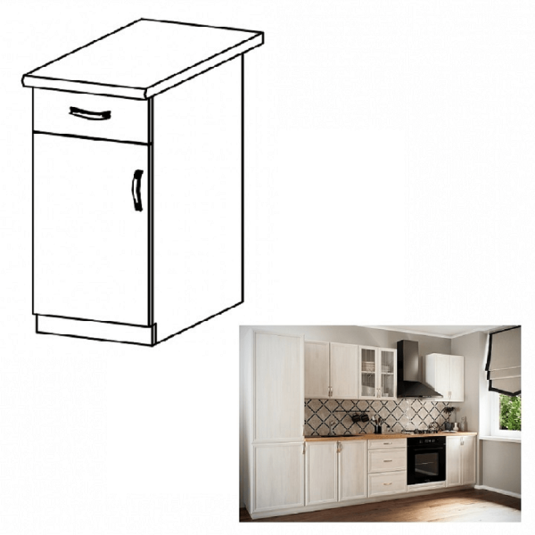 Dulap inferior D40S1 cu sertar, model stânga, alb/pin Andersen, SICILIA