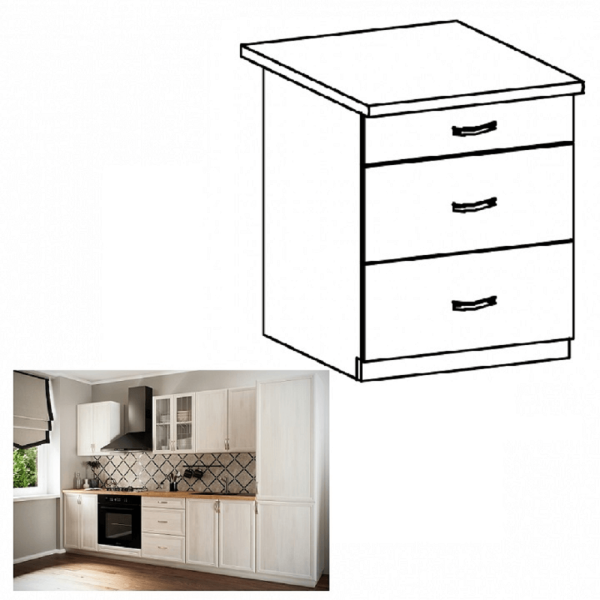 Dulap inferior D60S3 cu sertare, alb/pin Andersen, SICILIA