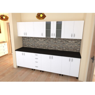 Bucatarie Alfa 2.6 metri PAL alb cu blat Wenge