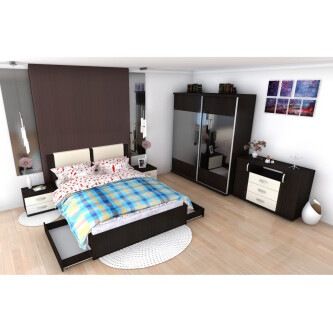 Dormitor Laguna cu pat 160x200 cu 2 sertare Wenge cu Vanilie