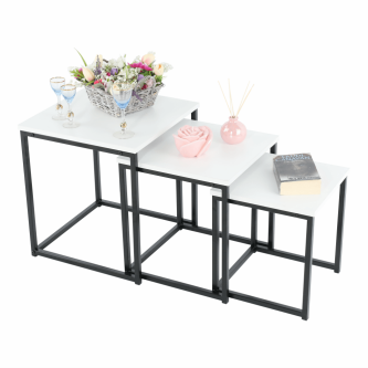 Set 3 măsuţe de cafea, alb mat/negru, KASTLER TYP 3