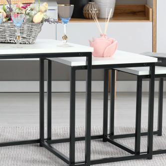 Set 3 măsuţe de cafea, alb mat/negru, KASTLER TYP 3