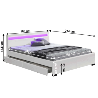 Pat matrimonial cu RGB LED iluminare, piele ecologică albă, 180x200, CLARETA