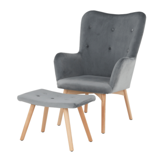 Fotoliu cu taburet, material de catifea gri/fag, LAGER NEW