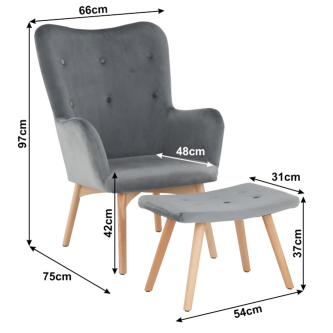 Fotoliu cu taburet, material de catifea gri/fag, LAGER NEW